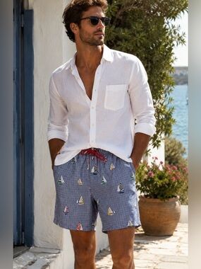 Franks Australia Blue Gingham Sailboat Swim Trunks with Red Drawstring medium